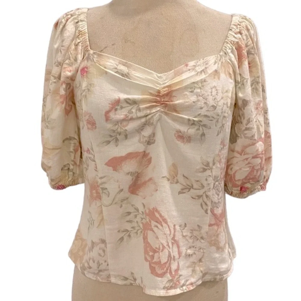 Puff Sleeve Floral Sweetheart Neck Linen Prairie Style Top
